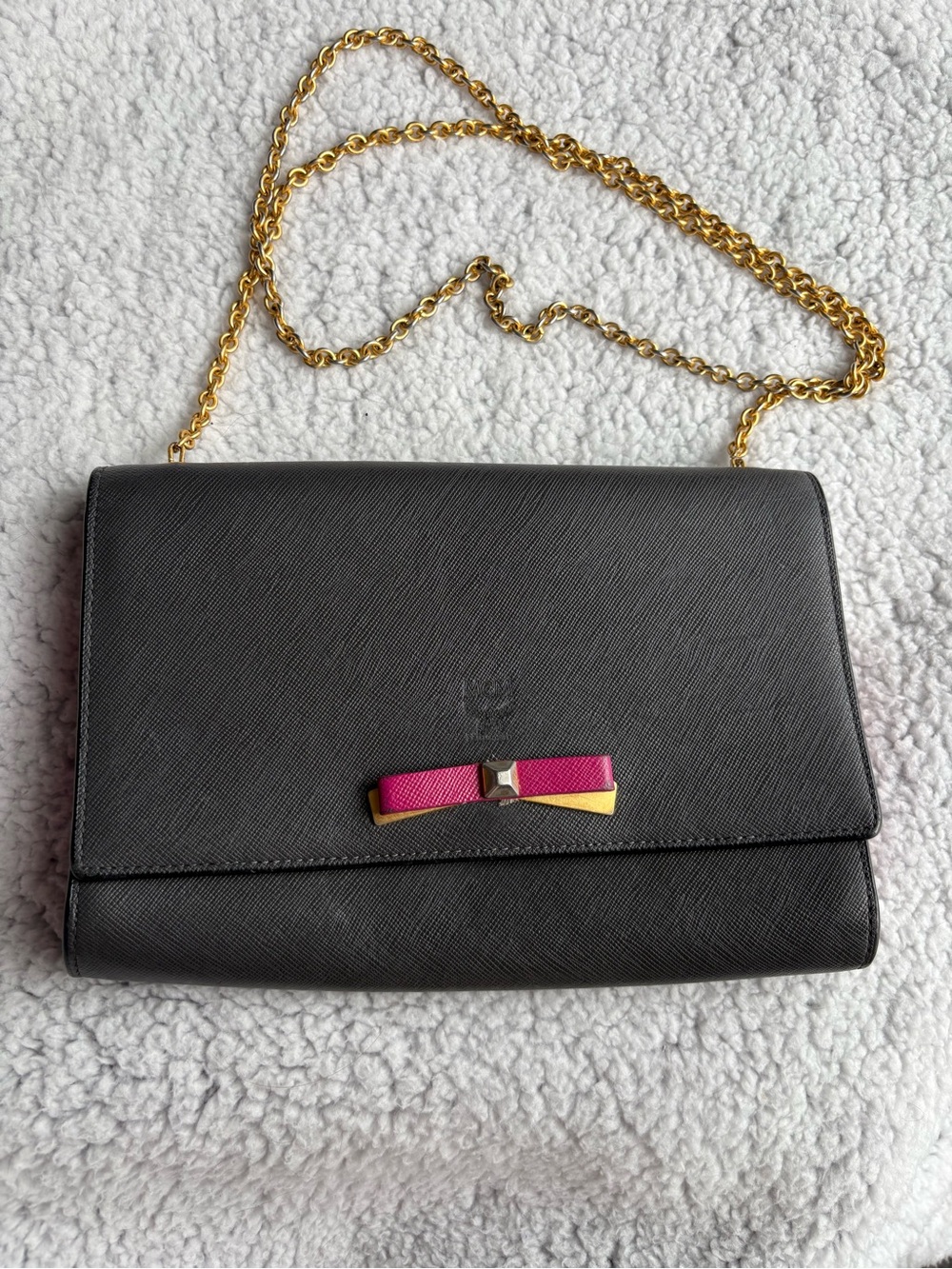 MCM Mina Crossbody/wallet on chain in black/dark gray Saffiano leather BowAccent - Picture 2 of 16
